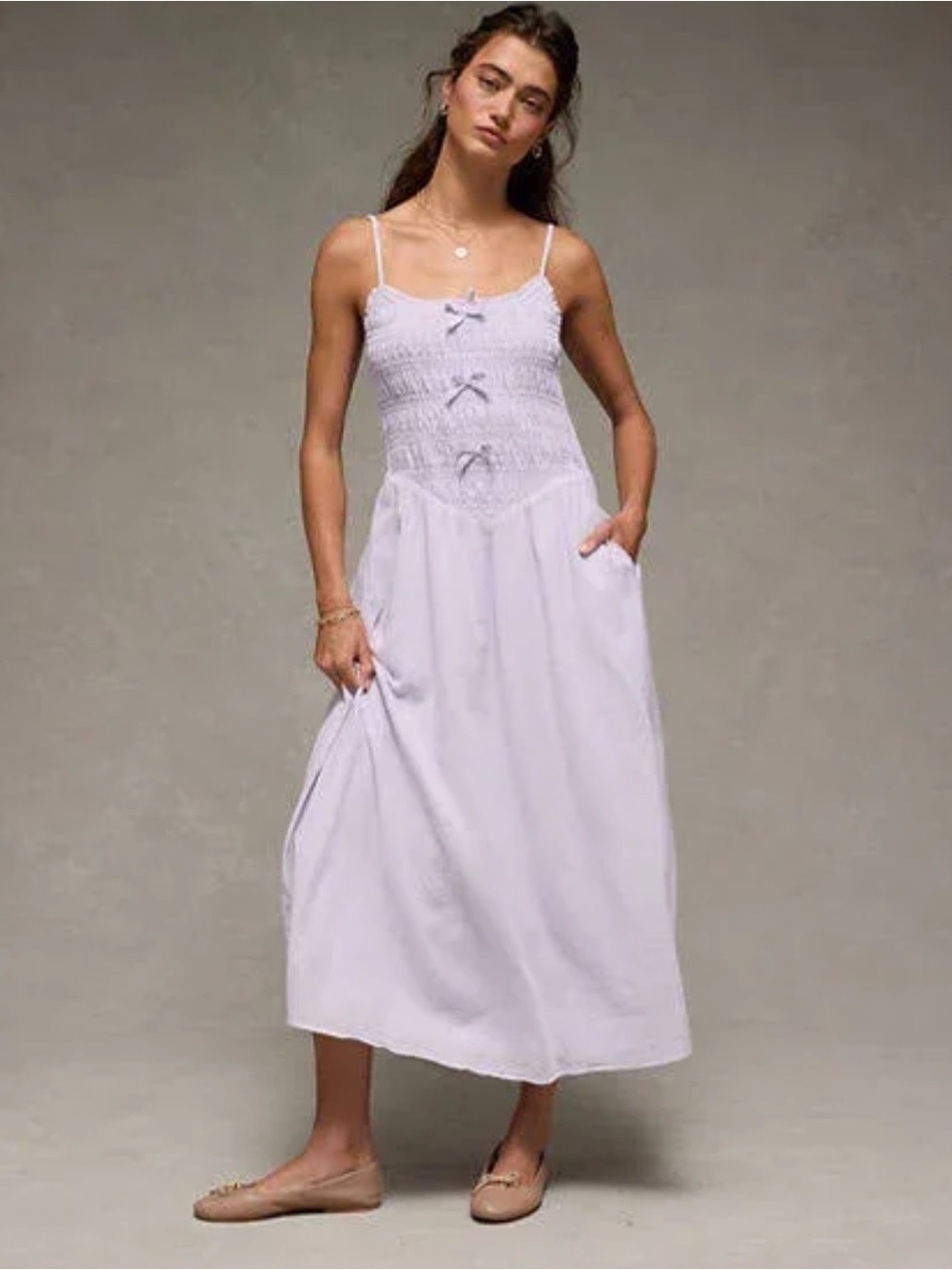 American Eagle AE Lavender Bella Bow Smocked Midi Dress XS NWT